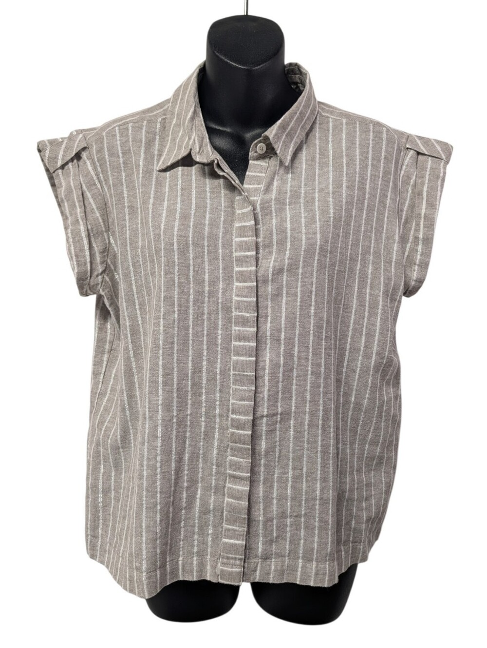 NIC+ZOE Womens Beige Gray White Striped Collared Cap Sleeve Button-Up Top S NWT